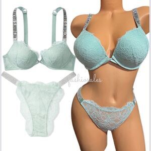 Victorias Secret Set Rhinestone Strap Bombshell Add-2-Cups Push Up bra & Slip